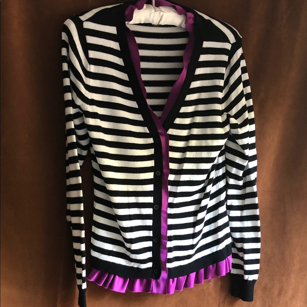 Elle Black and White Striped Cardigan with Purple Satin Trim